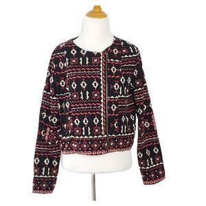 Feathers by Tolani Mandy Embroidered Moto Jacket Black Cotton Women Small